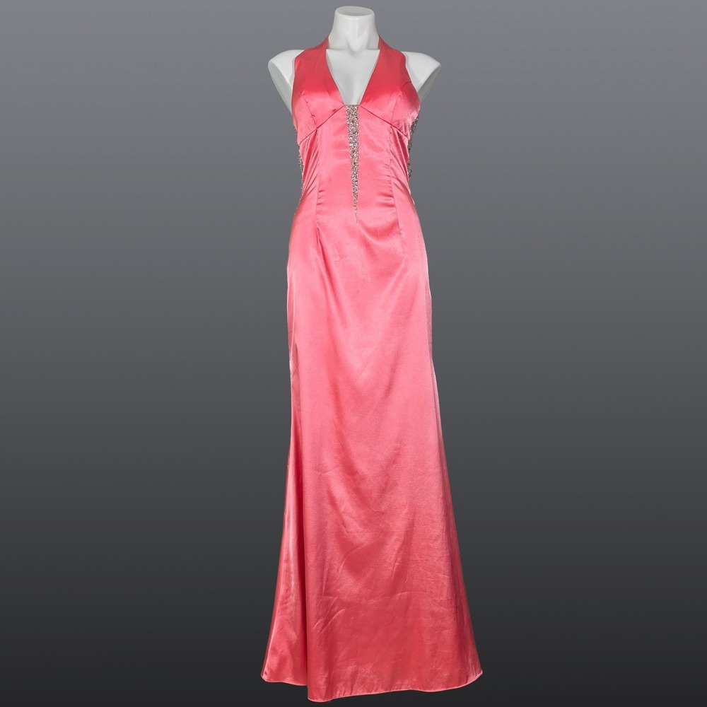 Tadashi Shoji Halter Gown Women Pink Salmon Satin Rhinestone Formal Dress